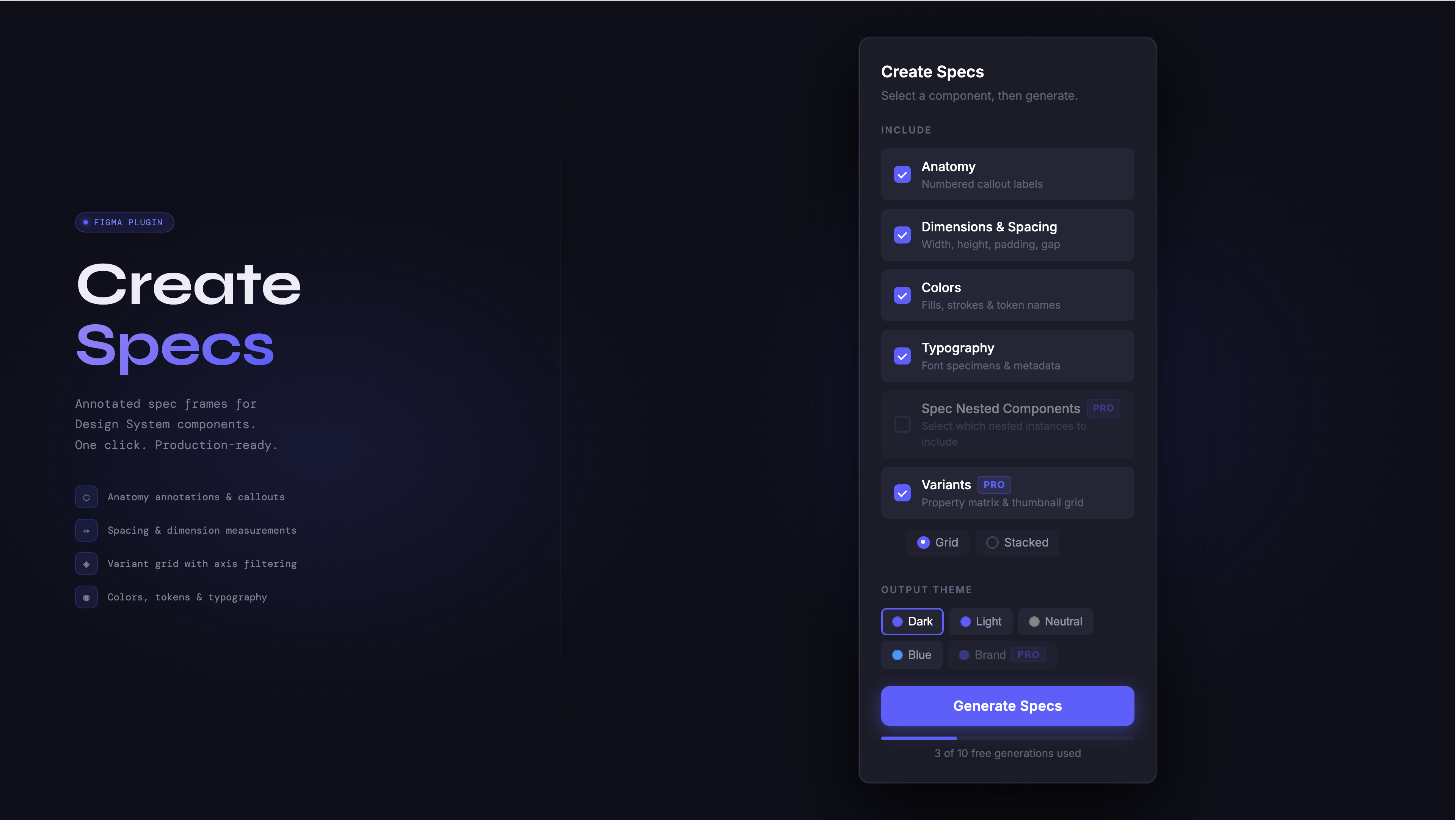 Create Specs plugin generating an annotated spec frame in Figma